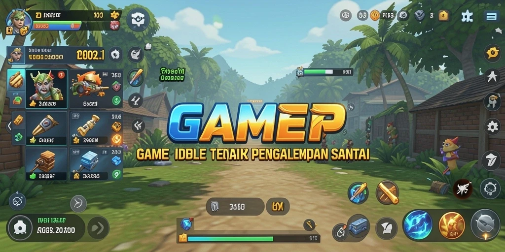 Screenshot utama GAMERP menampilkan karakter bertempur di arena Idle yang dinamis.
