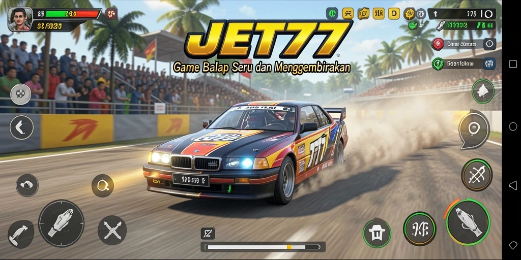 Tampilan gameplay seru di lintasan balap JET77 yang menantang.